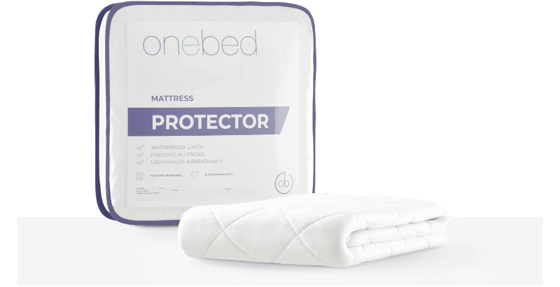 Onebed Protector folded in front it's package, with packege's big label visible