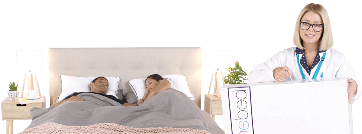 Doctor holding box with Onebed Pillow Standing in front of bed with sleeping couple