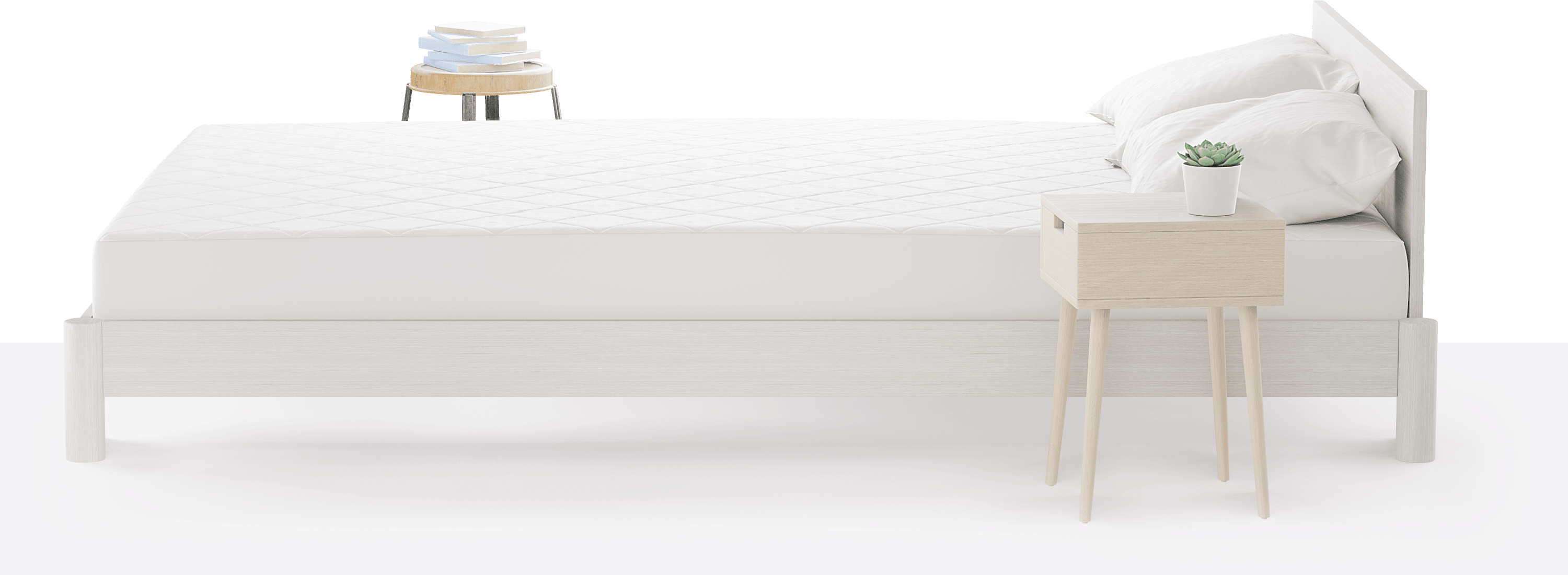 Sideways view of bed, the mattress covered with white Onebed Protector