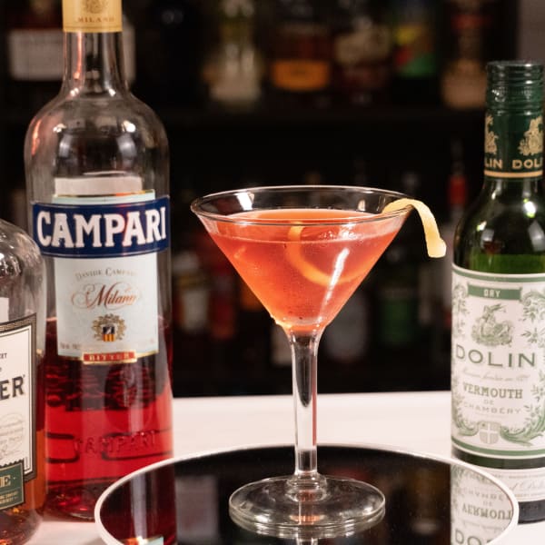 Old Pal cocktail in a coupe with a lemon twist