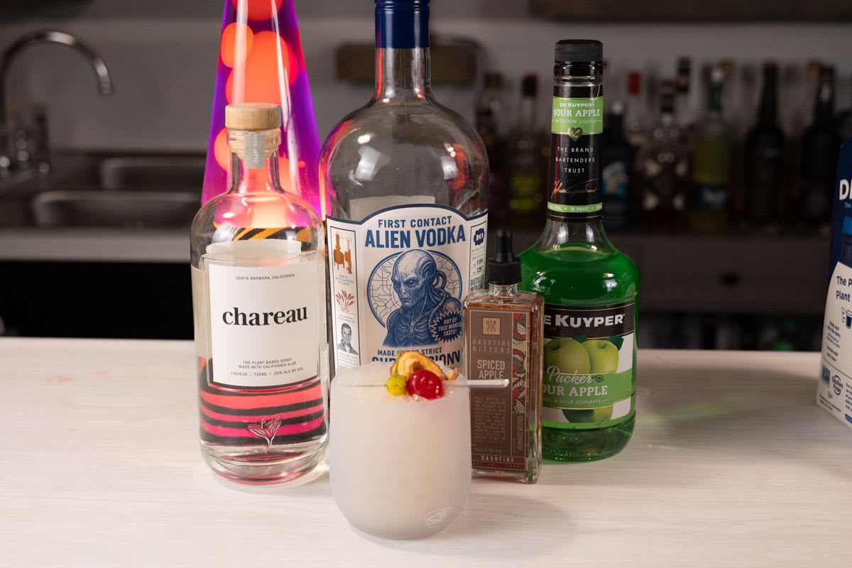 Happle Juice ingredients: Chareau aloe liqueur, vodka, sour apple liqueur, and spiced apple bitters