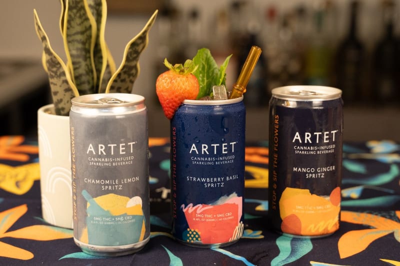 Artet cannabis-infused spritz cans: Chamomile Lemon, Strawberry Basil, and Mango Ginger