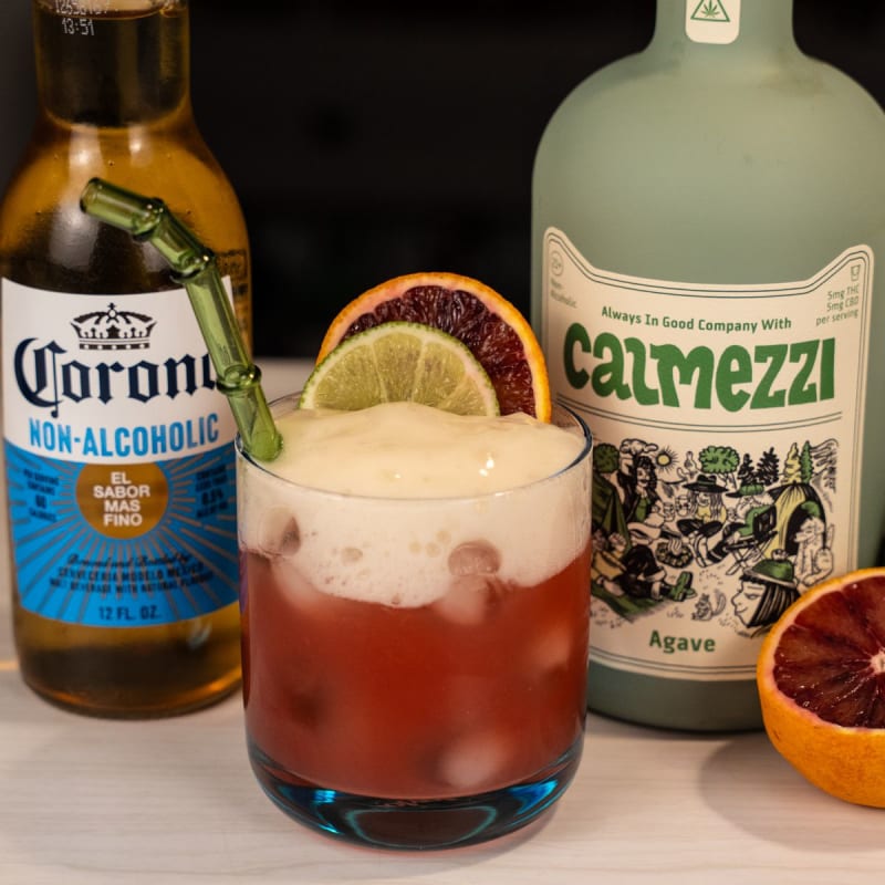 THC margarita with blood orange and salted beer foam, with Calmezzi and non-alcoholic Corona bottles