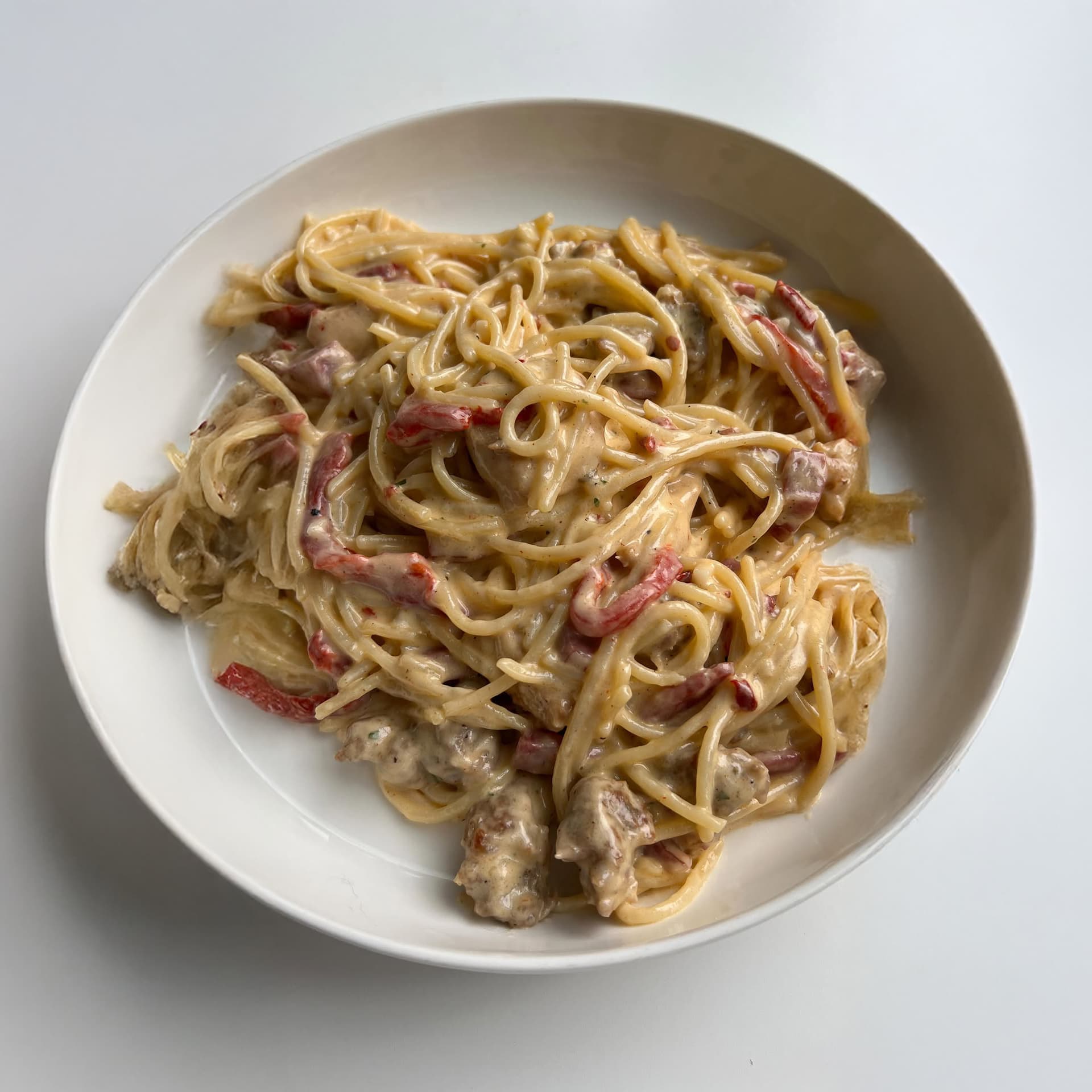 Crazy Alfredo Pasta with Chicken, Soppressata & Italian Sausage