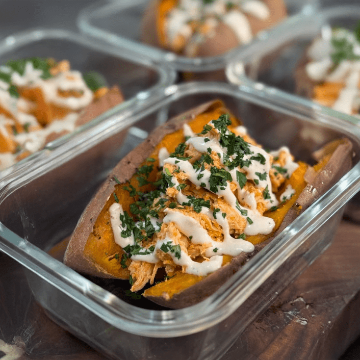 Buffalo Chicken Stuffed Sweet Potatoes