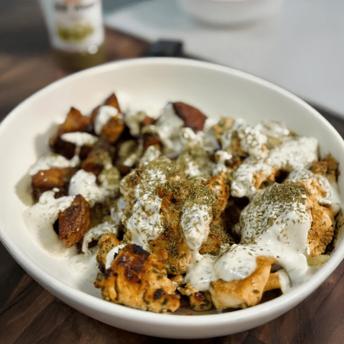Lemon Herb Chicken with Creamy Garlic Dill Sauce & Roasted Potatoes