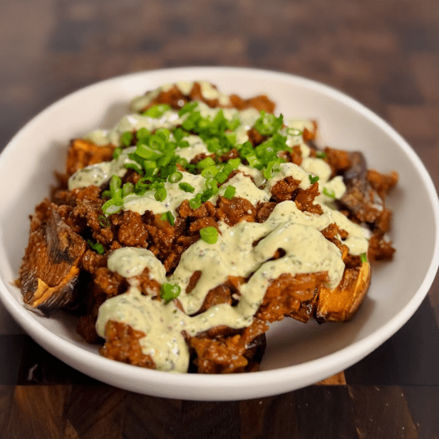 Beef & Sweet Potato Bowls with Garlic Herb Sauce