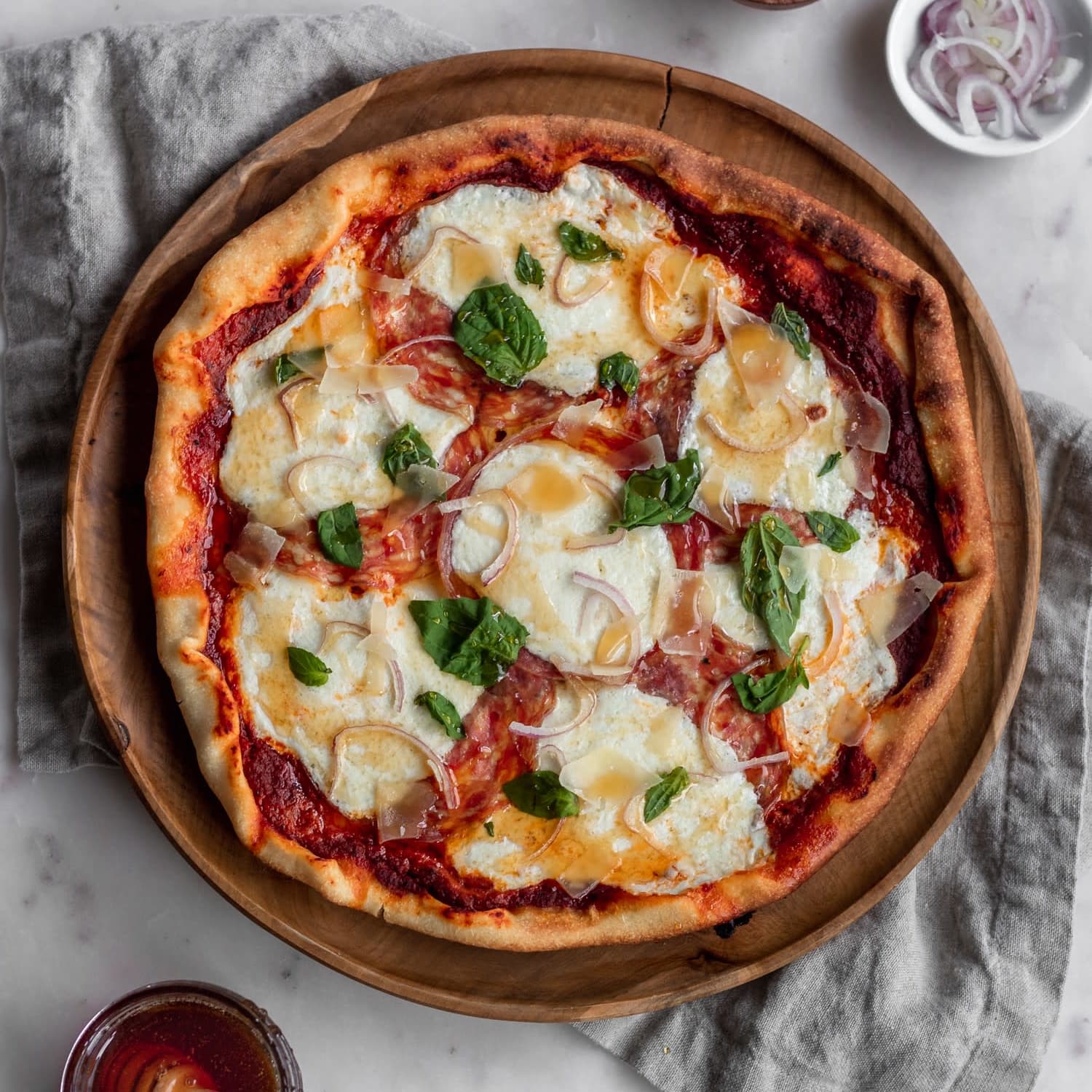 Pizza With Soppressata, Basil, & Hot Honey