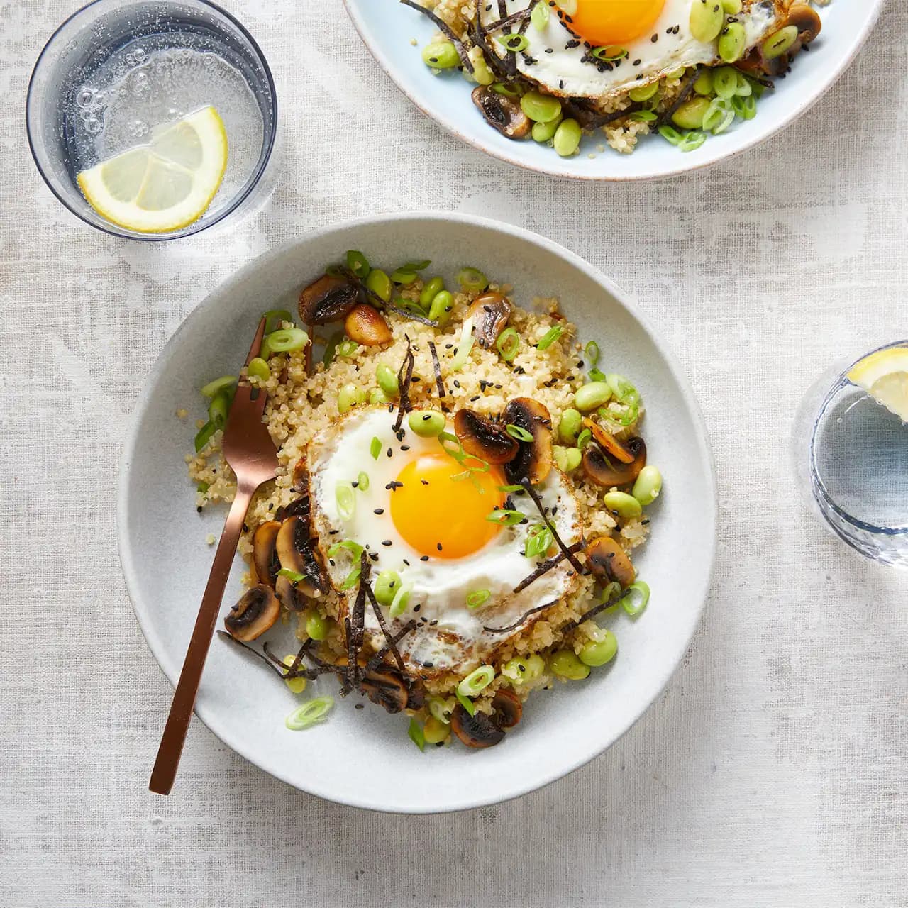 Sesame Fried Egg and Mushroom Quinoa Bowls