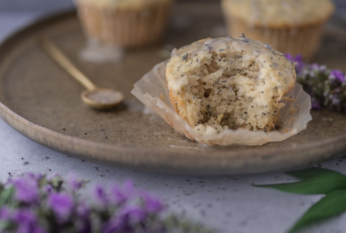 Vegan Lemon Poppy Seed Muffins With Lavender Glaze