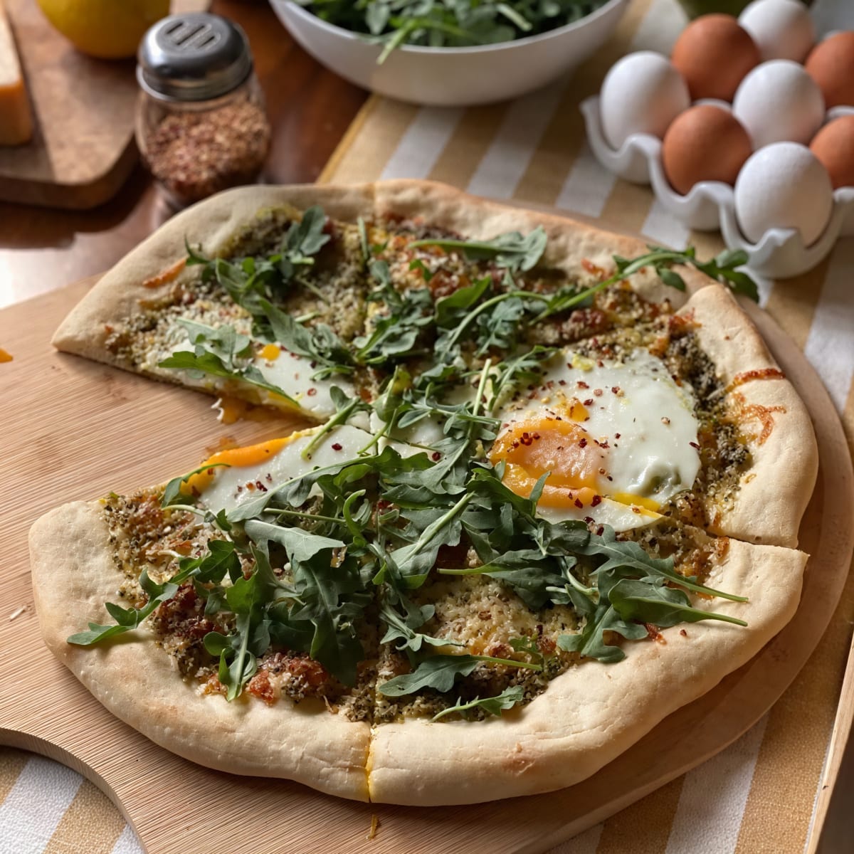 Egg and Arugula Pesto Pizza