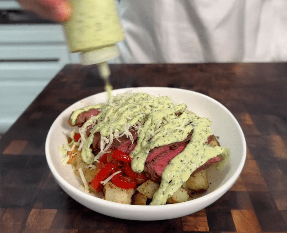 High Protein Steak Bowl with Garlic Herb Yogurt Drizzle