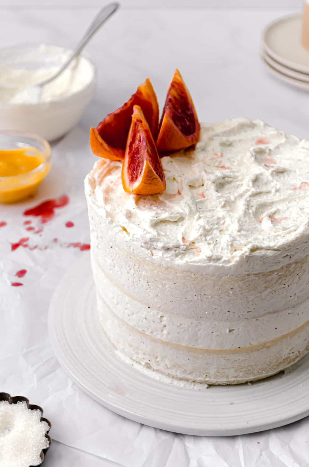 Almond Cake with Blood Orange Curd and Mascarpone Frosting