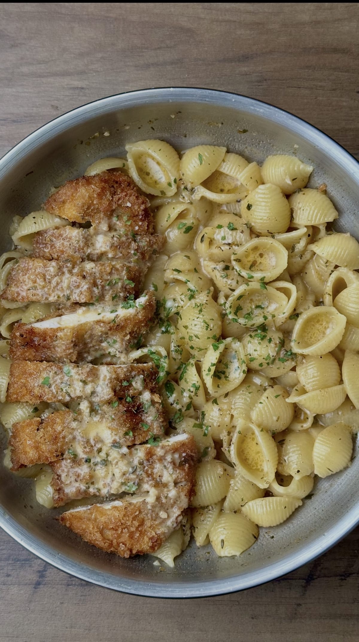 Conchiglie Alfredo Pasta with Breaded Chicken