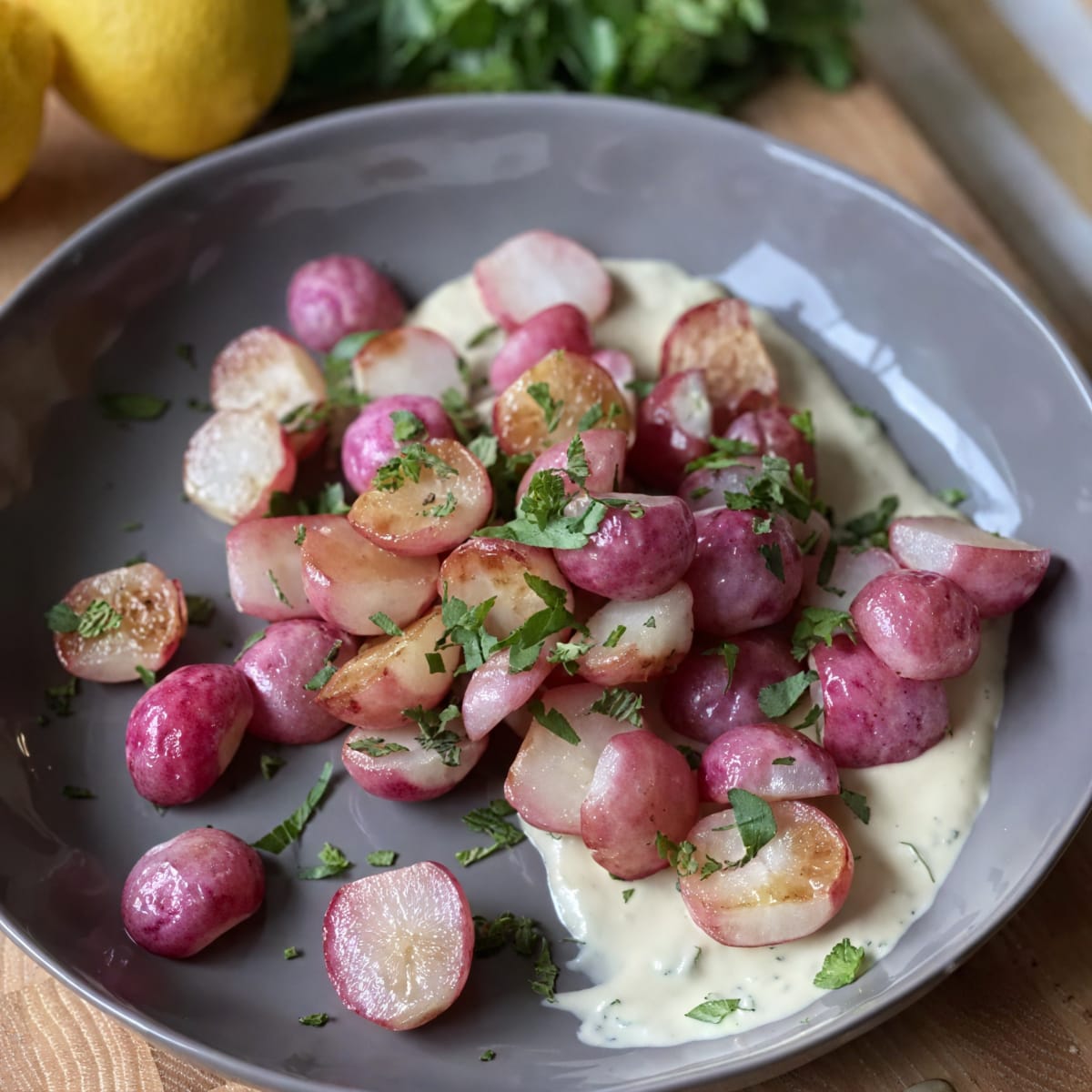 Roasted Radishes with Tahini Herb Sauce