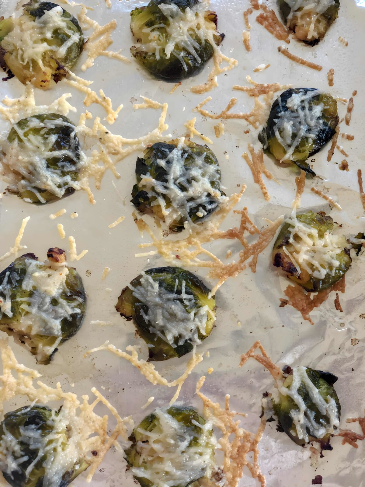 Smashed Brussels Sprouts with Vegan Cheese