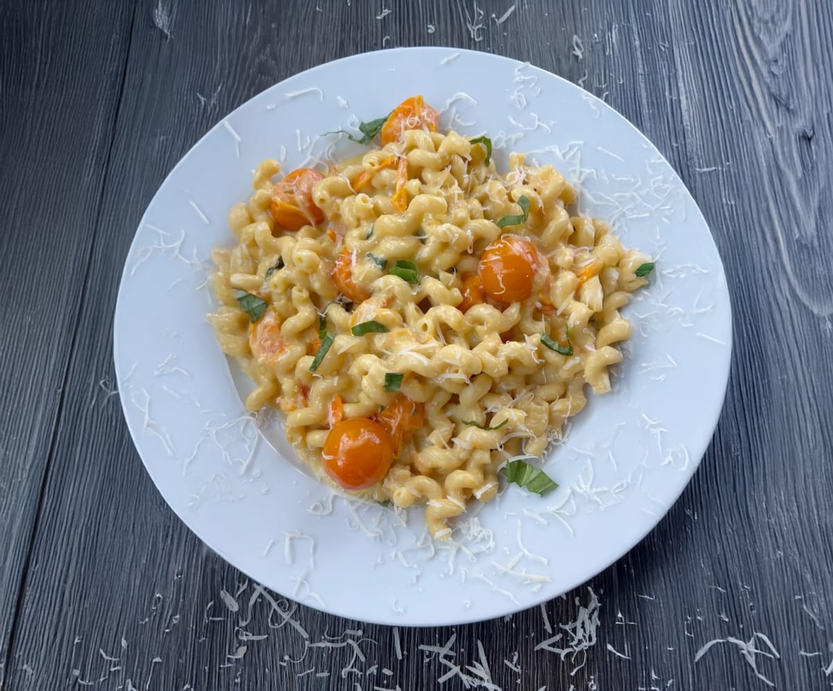 Sungold Tomato Pasta with Roasted Garlic & Burrata