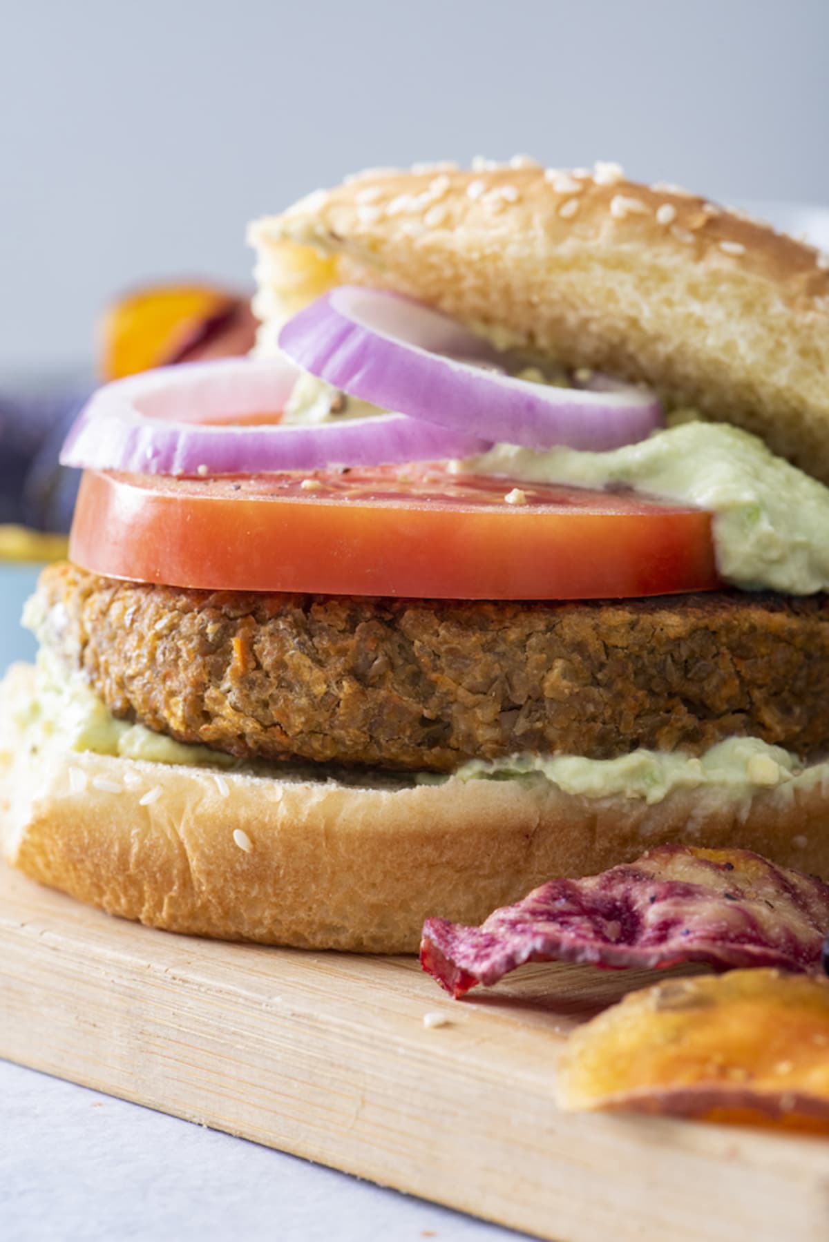 Lentil Chickpea Burgers with Avocado Yogurt Sauce