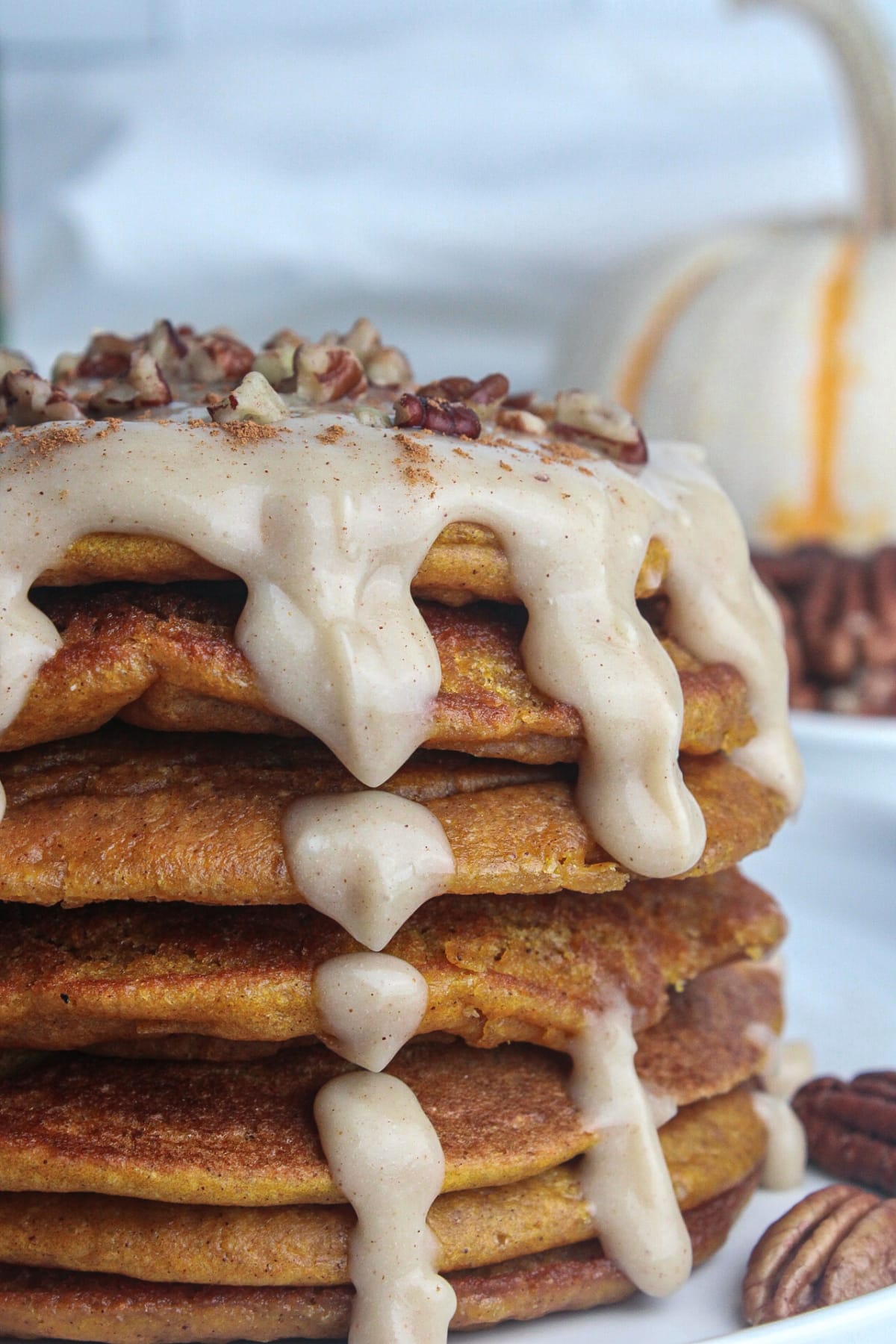 Pumpkin Protein Pancakes with Maple Cream Cheese Glaze (Vegan)