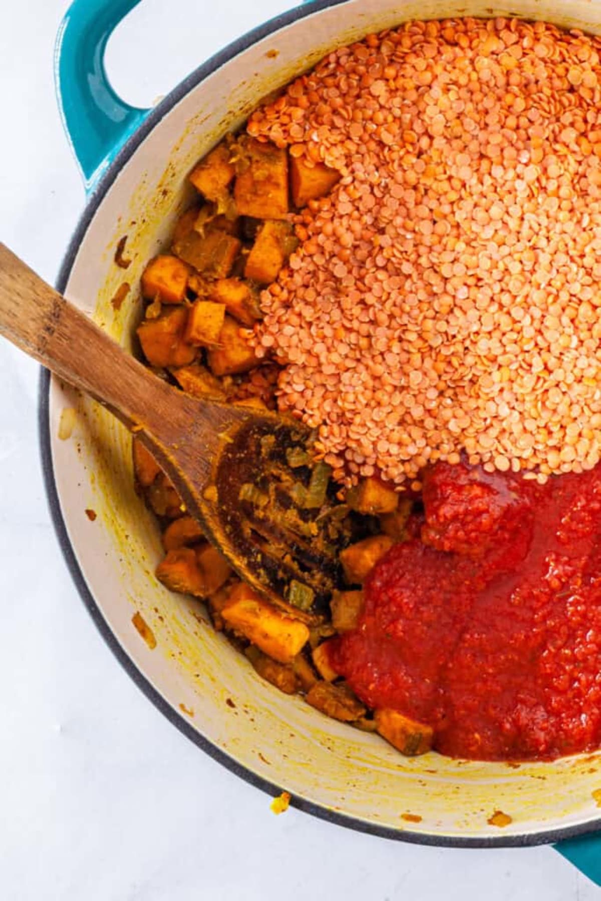 Red Curry Lentils with Sweet Potatoes and Spinach