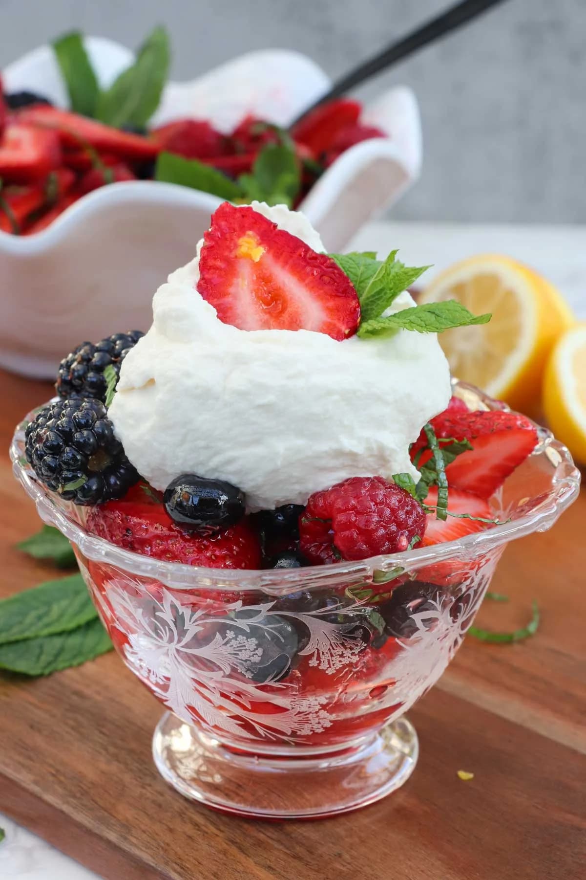 Berries and Cream with Mint and Honey Lemon Syrup