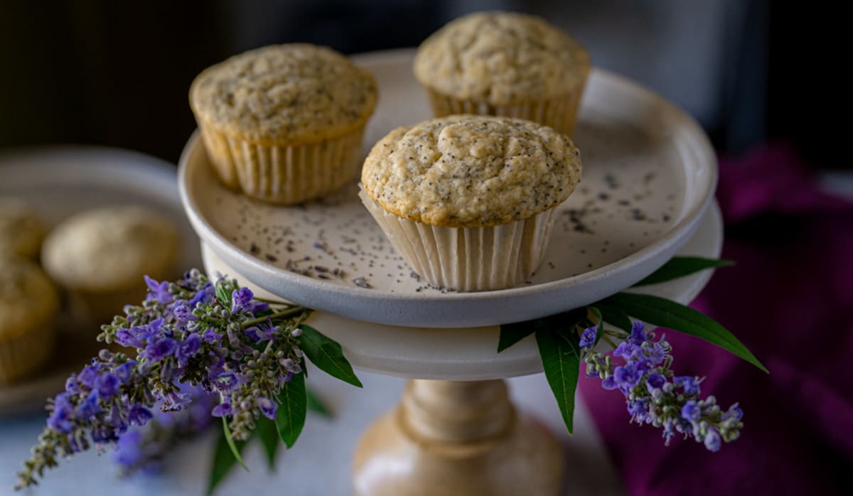 Vegan Lemon Poppy Seed Muffins With Lavender Glaze
