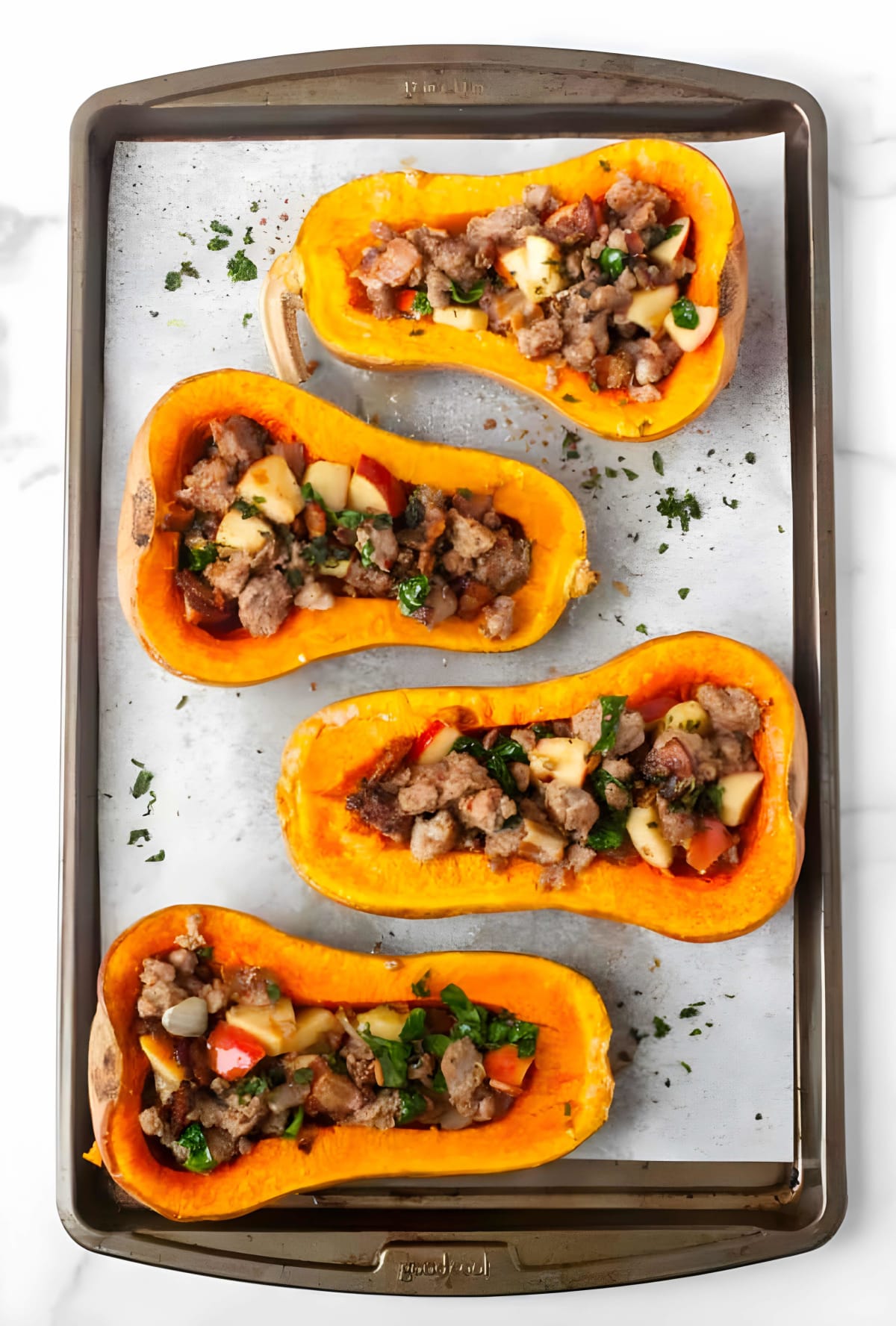 Whole30 Sausage Apple Stuffed Butternut Squash