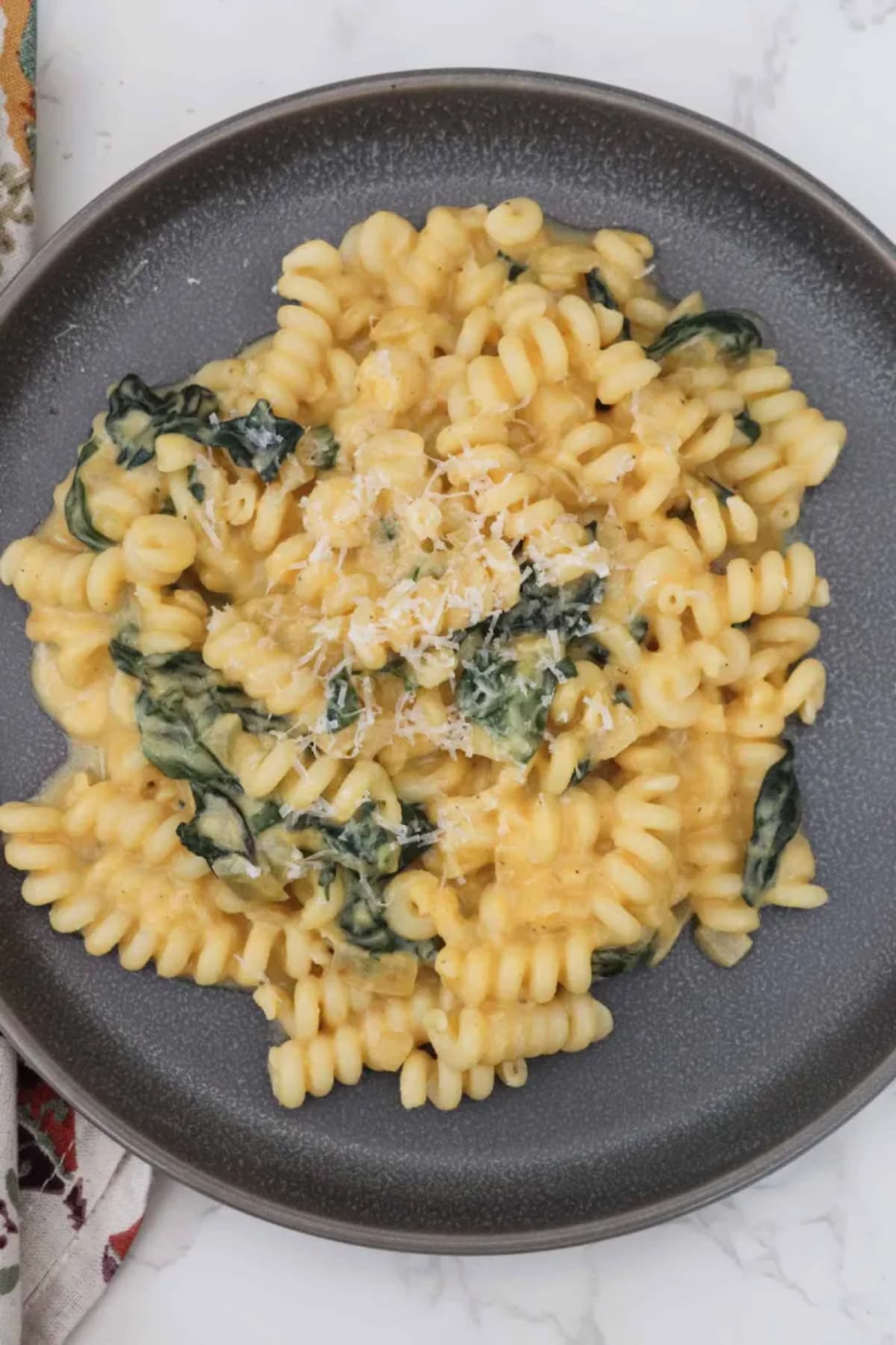 Pasta with Butternut Squash Sauce, Gruyere, and Greens