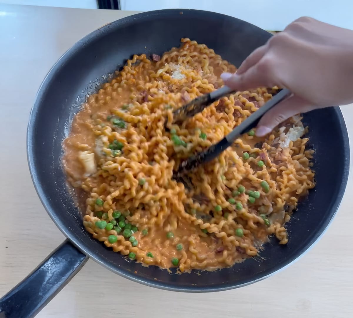 Creamy Tomato Pancetta Pasta with Peas