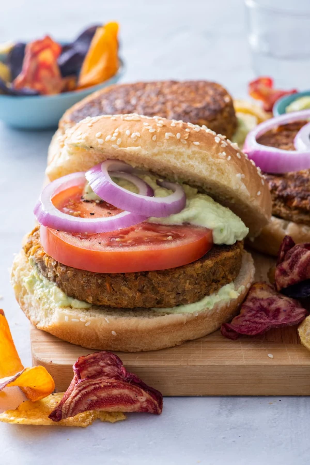 Lentil Chickpea Burgers with Avocado Yogurt Sauce