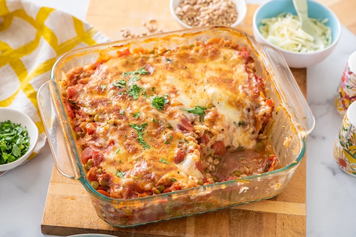 Baked Farro with Lentils, Tomato and Mozzarella
