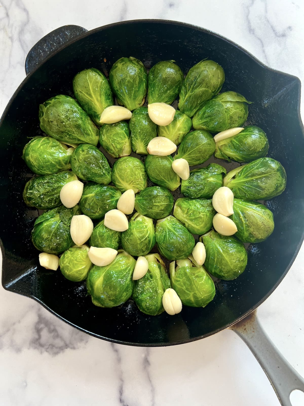 Cast Iron Brussels Sprouts with Pomegranate and Garlic