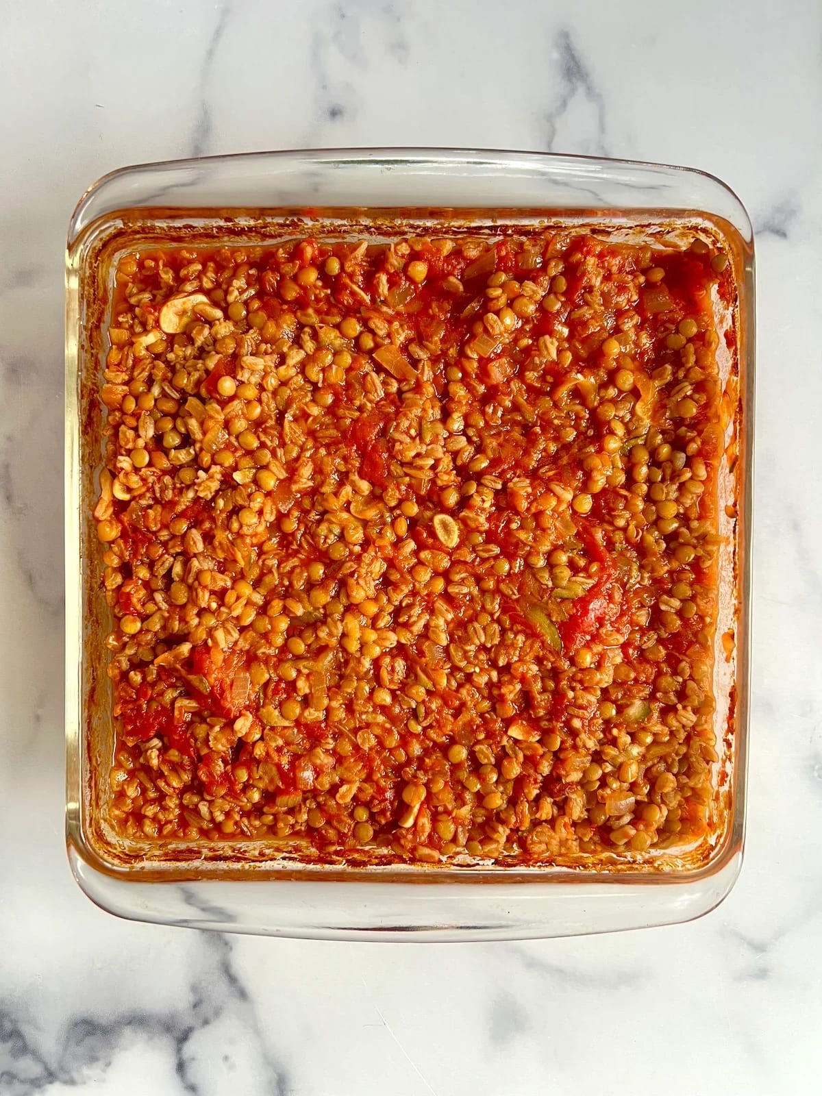 Baked Farro with Lentils, Tomato and Mozzarella