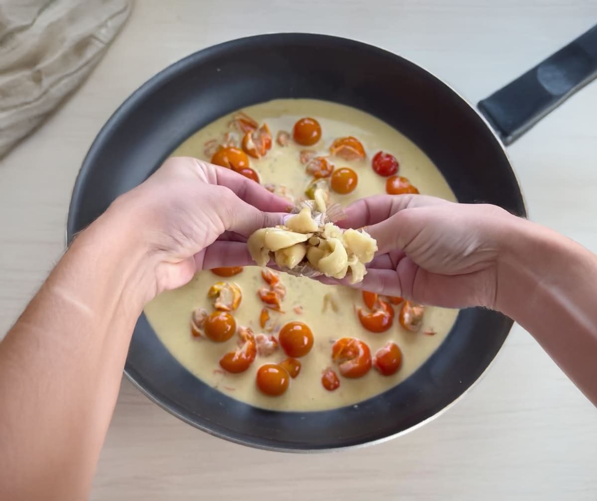 Sungold Tomato Pasta with Roasted Garlic & Burrata