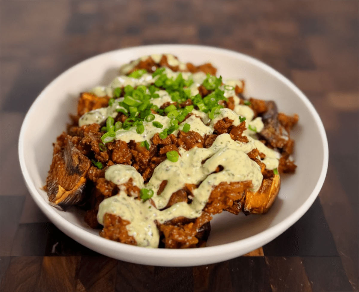 Beef & Sweet Potato Bowls with Garlic Herb Sauce