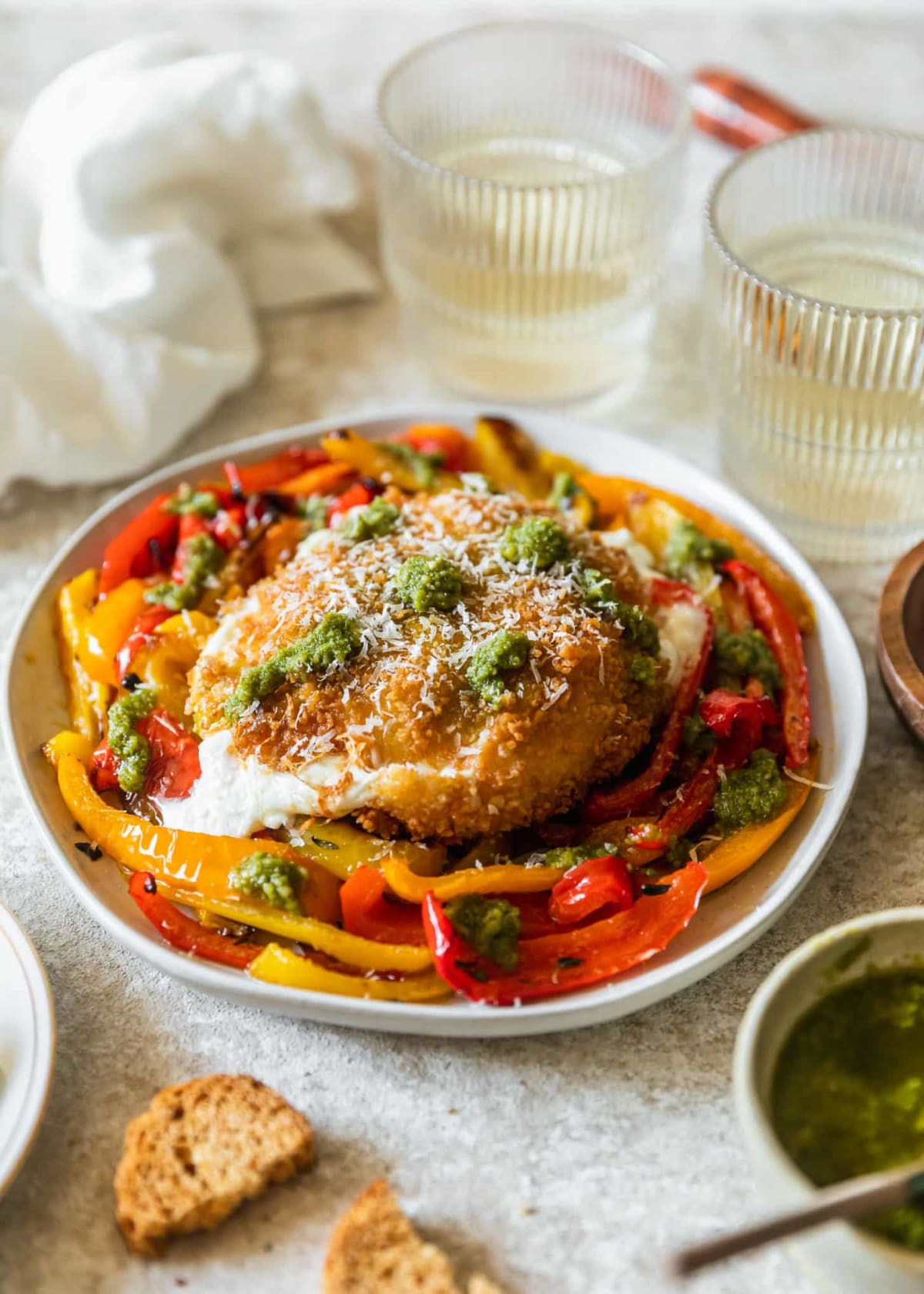Fried Burrata With Roasted Peppers & Pesto