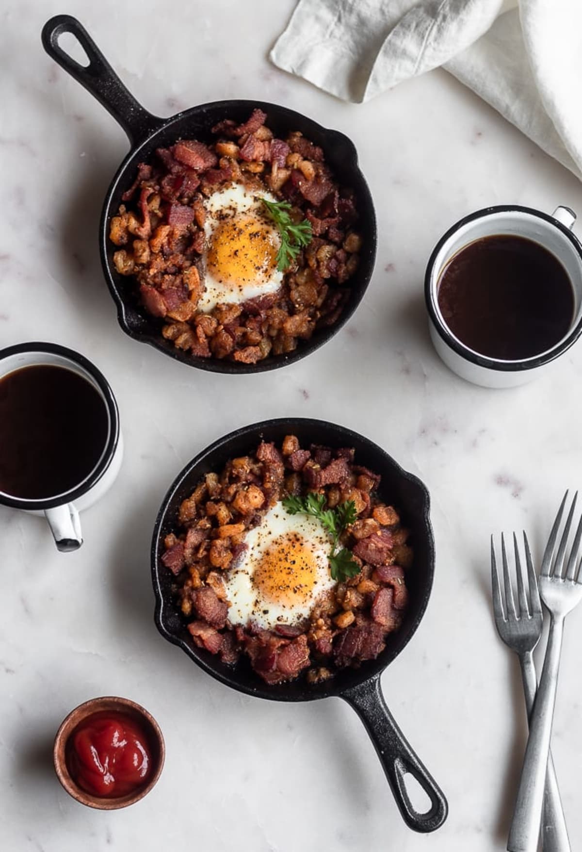 Bacon Hash Skillet With Runny Eggs & Harissa