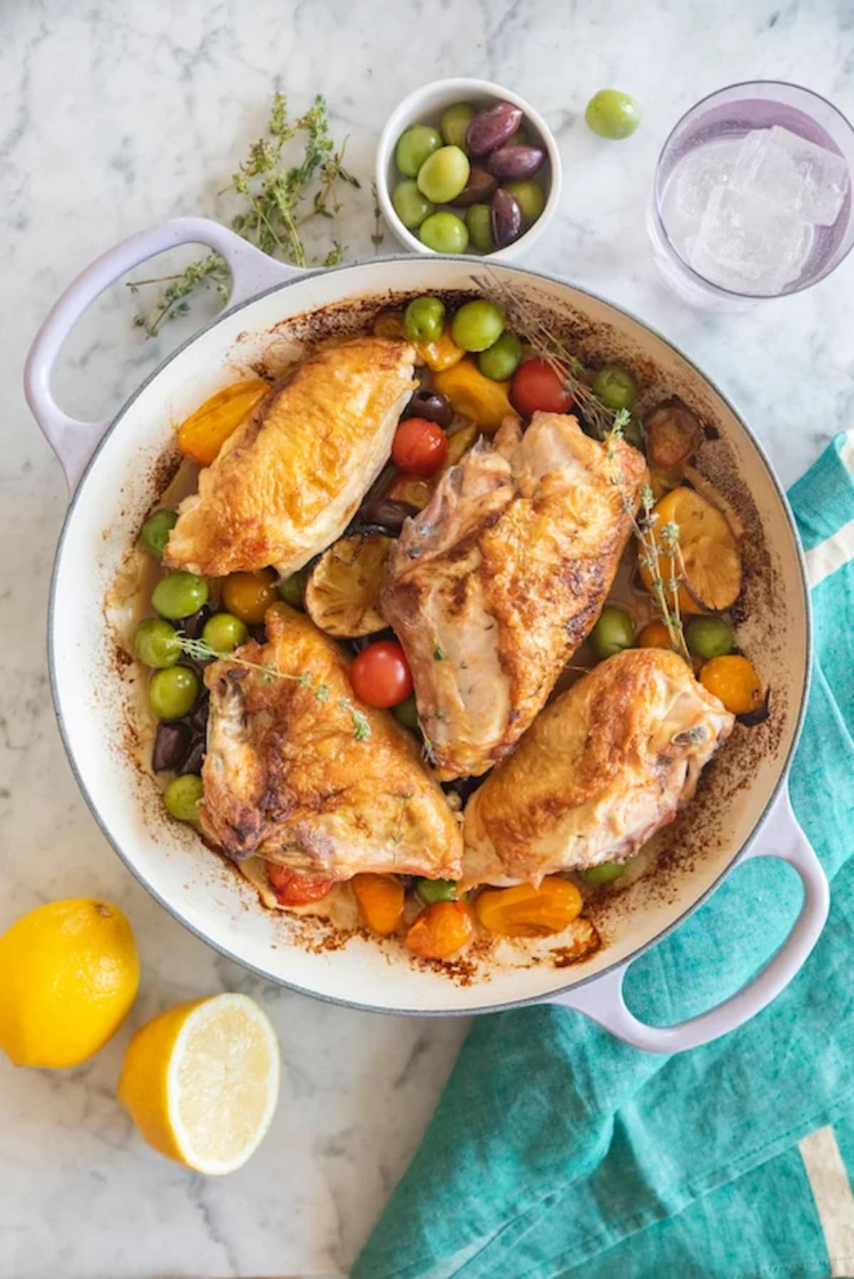 Roast Chicken with Caramelized Lemons, Cherry Tomatoes and Olives