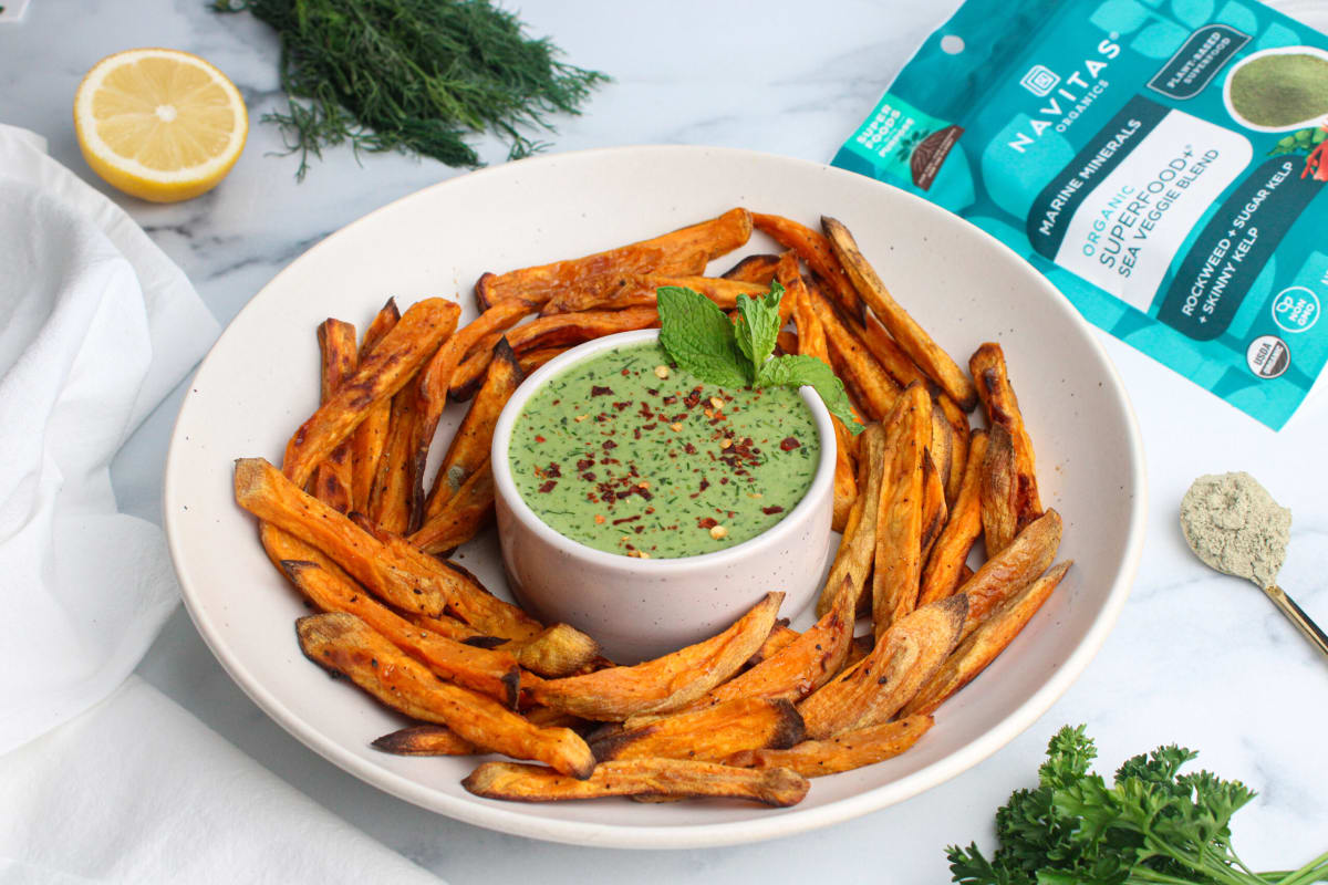 Baked Sweet Potato Fries with Green Goddess Dip