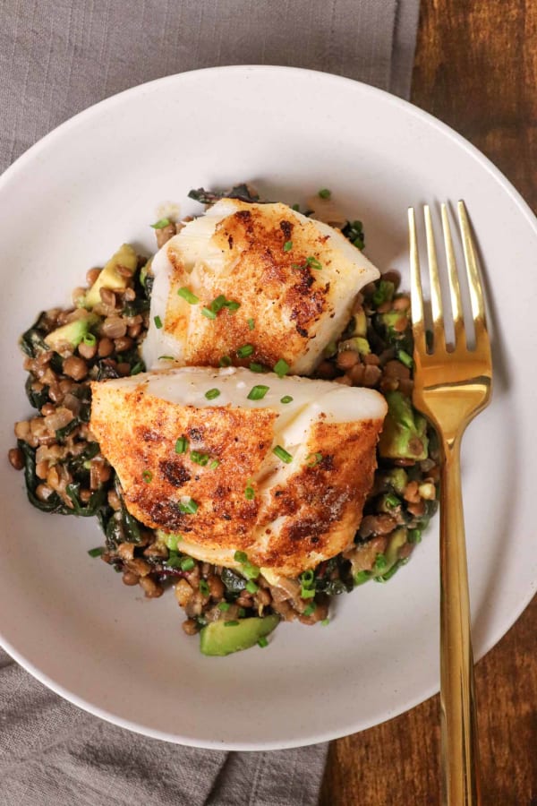 Seasoned Cod Fish with Lentils and Avocado cover