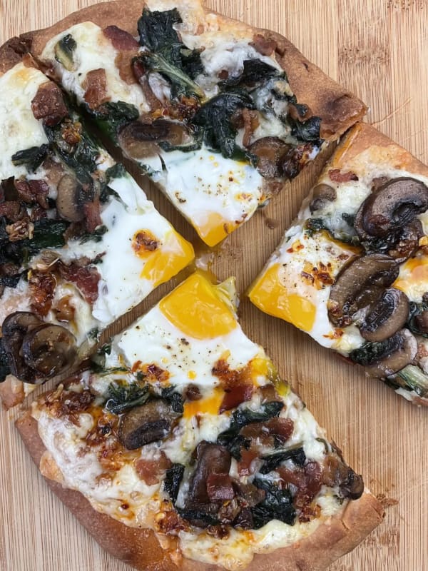 Breakfast Naan Pizza with Bacon, Mushrooms & Greens cover