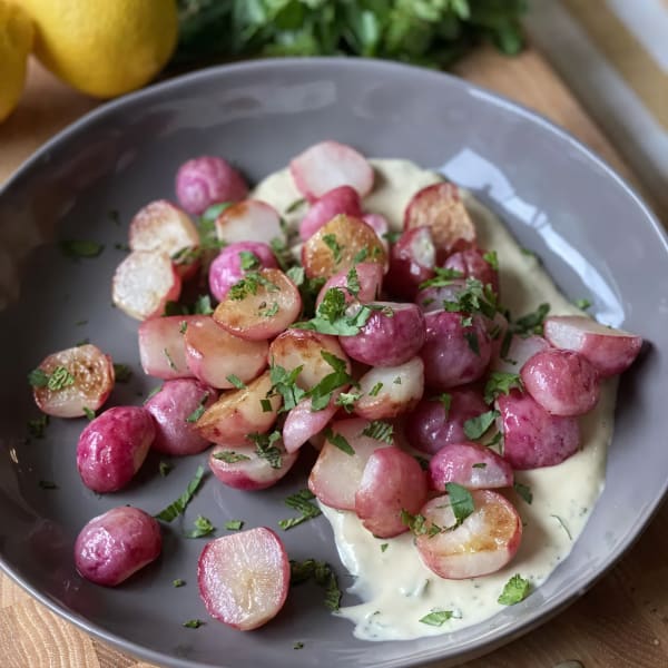 Roasted Radishes with Tahini Herb Sauce cover