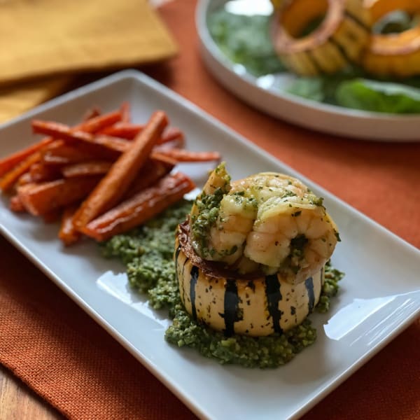 Roasted Delicata Squash Stuffed with Shrimp & Baby Kale Pesto cover