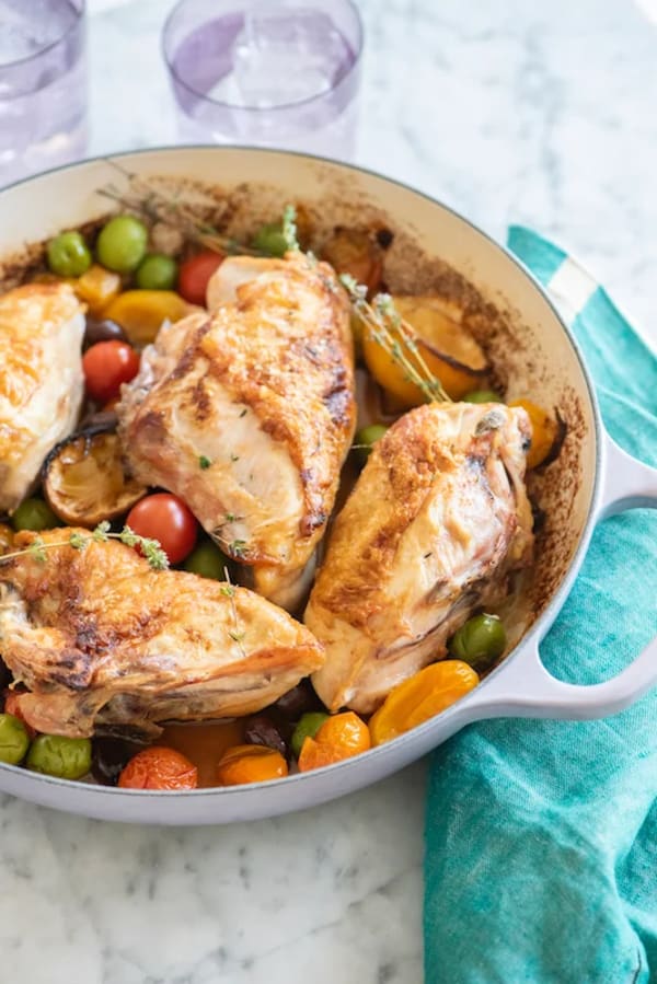 Roast Chicken with Caramelized Lemons, Cherry Tomatoes and Olives cover