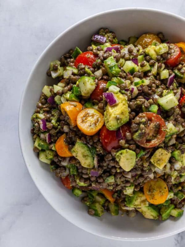 Lentil Salad with Avocado, Cherry Tomato, and Lime Cilantro Vinaigrette cover