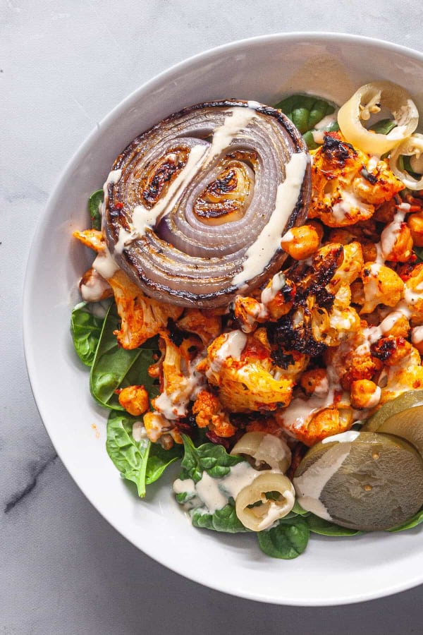 Harissa Roasted Cauliflower and Chickpeas with Tahini Sauce cover