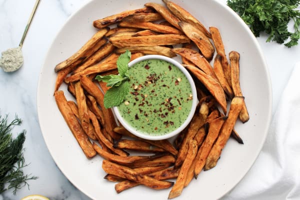Baked Sweet Potato Fries with Green Goddess Dip cover
