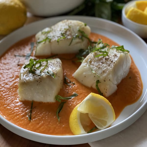 Baked Cod with Roasted Red Pepper Sauce cover