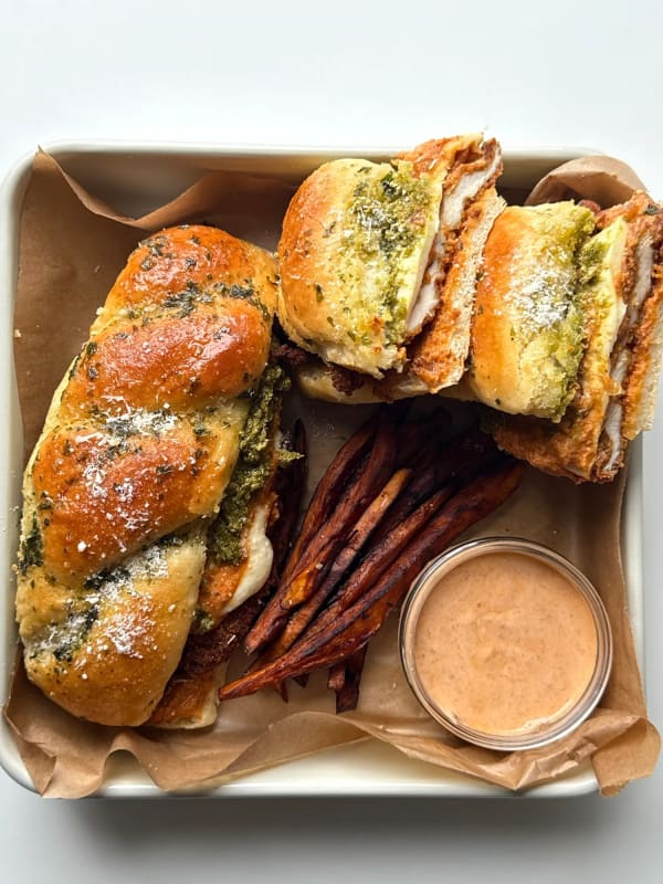 Garlic Knot Vodka Parmesan Chicken Sandwich cover