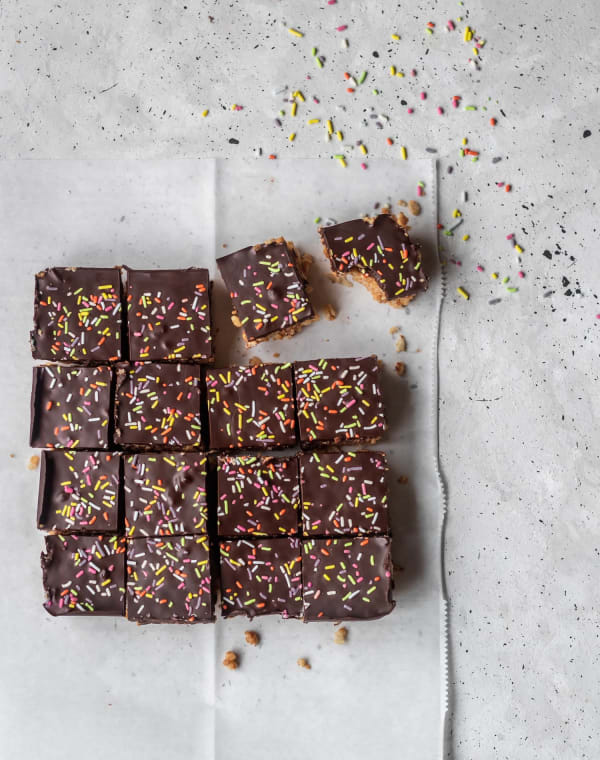 Crispy Chocolate Peanut Butter Bars [Vegan, Healthy, + No-Bake!] cover